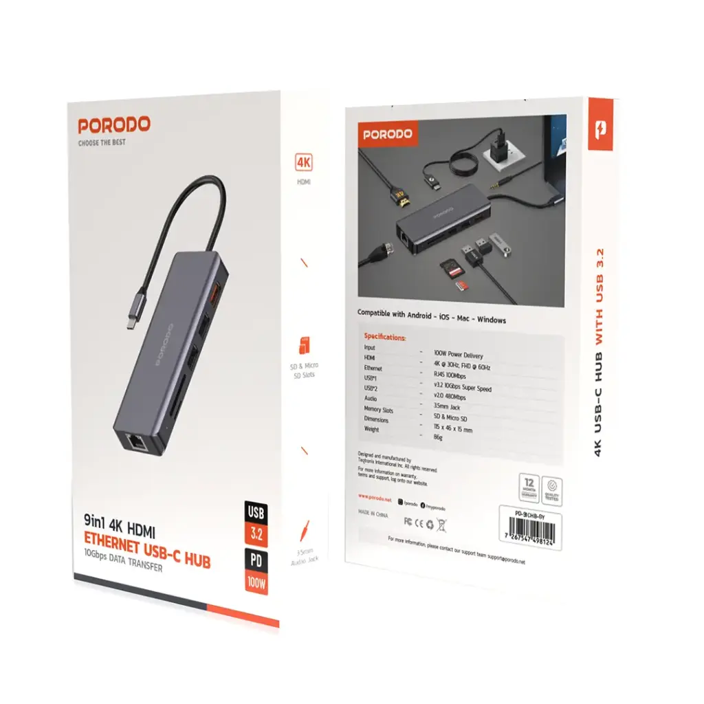 Porodo 9in1 USB-C Hub Type-C PD 100W HDMI Ethernet USB SD Card 3.5mm Aux - Image 3