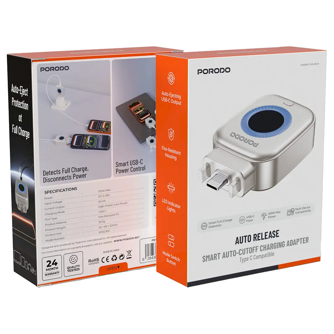 Porodo Auto Release Smart Auto-Cutoff Charging Adapter - Silver 2 Porodo Auto Release Smart Auto-Cutoff Charging Adapter - Silver - Image 2