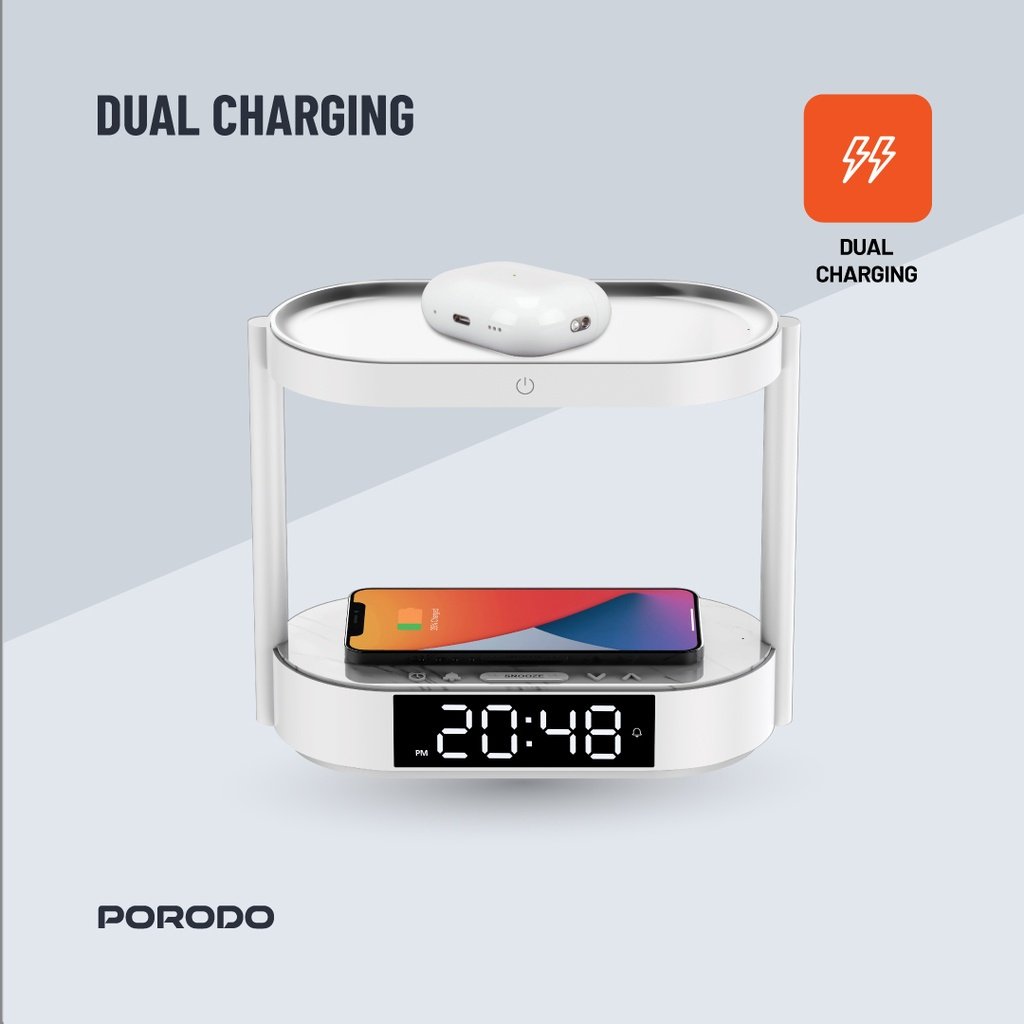 Porodo Bedside Lamp with Wireless Charger and Digital Clock - White 6 Porodo Bedside Lamp with Wireless Charger and Digital Clock - White - Image 6