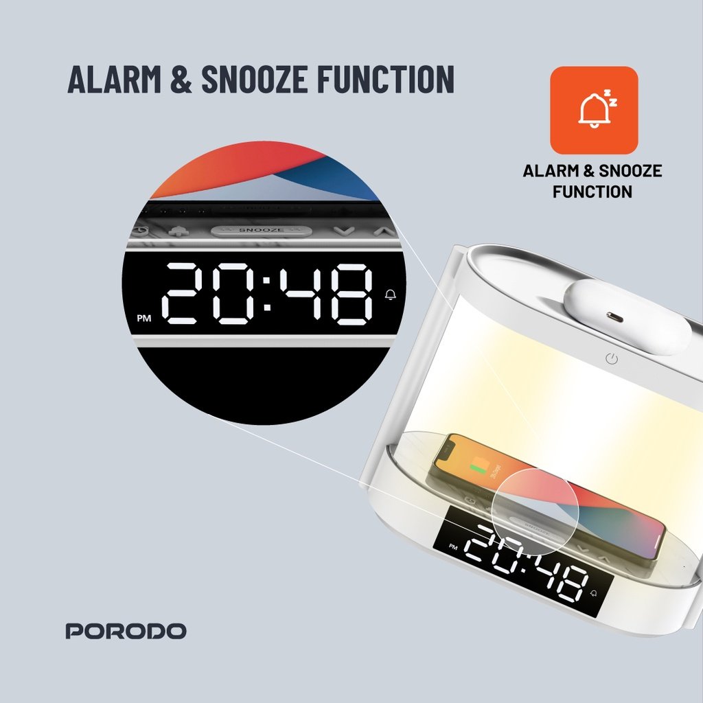 Porodo Bedside Lamp with Wireless Charger and Digital Clock - White 5 Porodo Bedside Lamp with Wireless Charger and Digital Clock - White - Image 5
