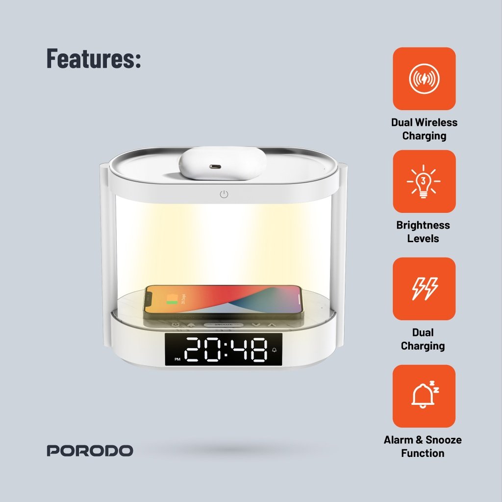 Porodo Bedside Lamp with Wireless Charger and Digital Clock - White 4 Porodo Bedside Lamp with Wireless Charger and Digital Clock - White - Image 4