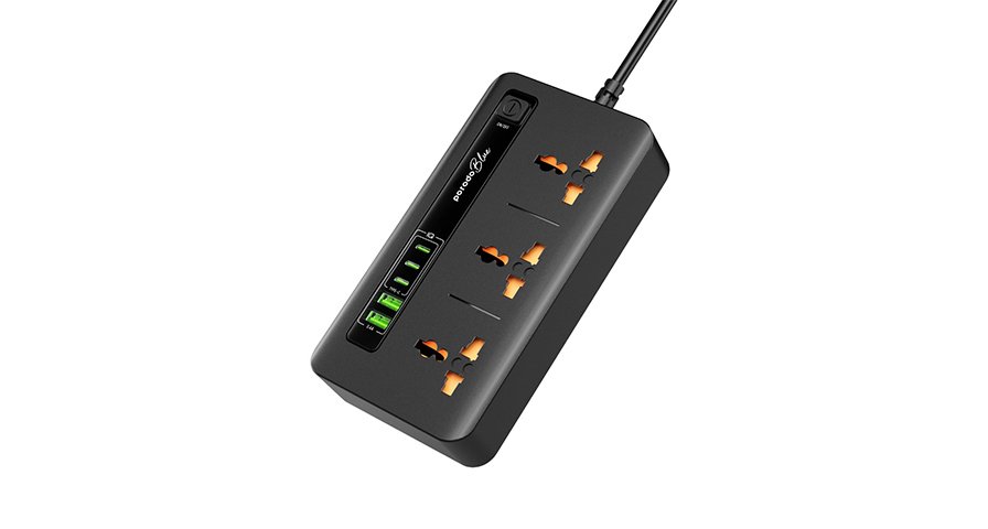 Porodo Blue 3 AC Power Socket With 2XUSB-A, 3XType-C 2M 3000W 1 Porodo Blue 3 AC Power Socket With 2XUSB-A, 3XType-C 2M 3000W