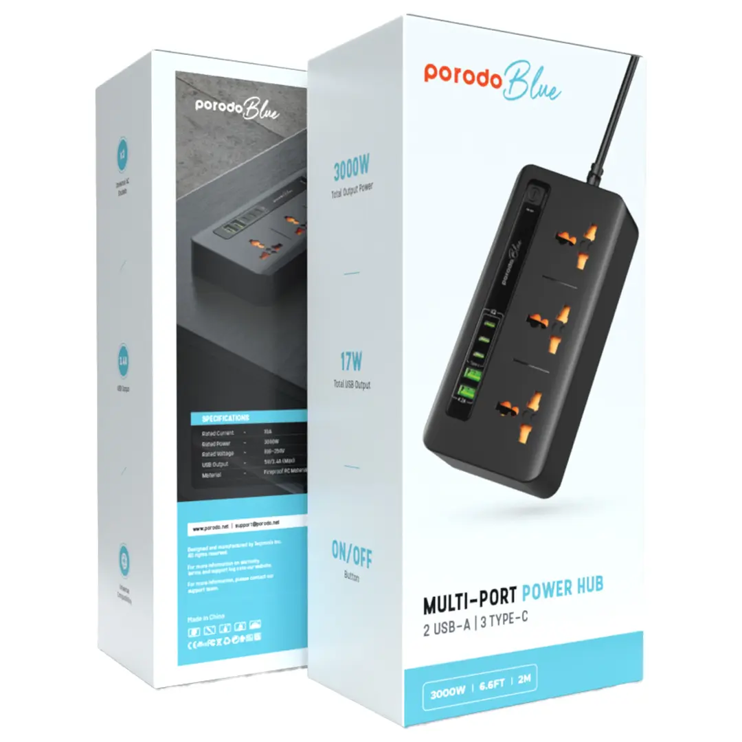 Porodo Blue 3 AC Power Socket With 2XUSB-A, 3XType-C 2M 3000W 3 Porodo Blue 3 AC Power Socket With 2XUSB-A, 3XType-C 2M 3000W - Image 3