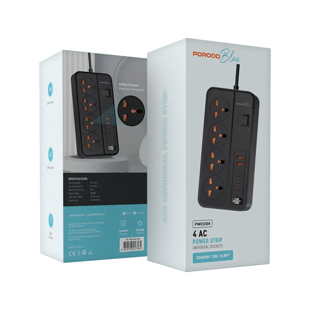 Porodo Blue 4 AC Power Strip - Black 2 Porodo Blue 4 AC Power Strip - Black - Image 2