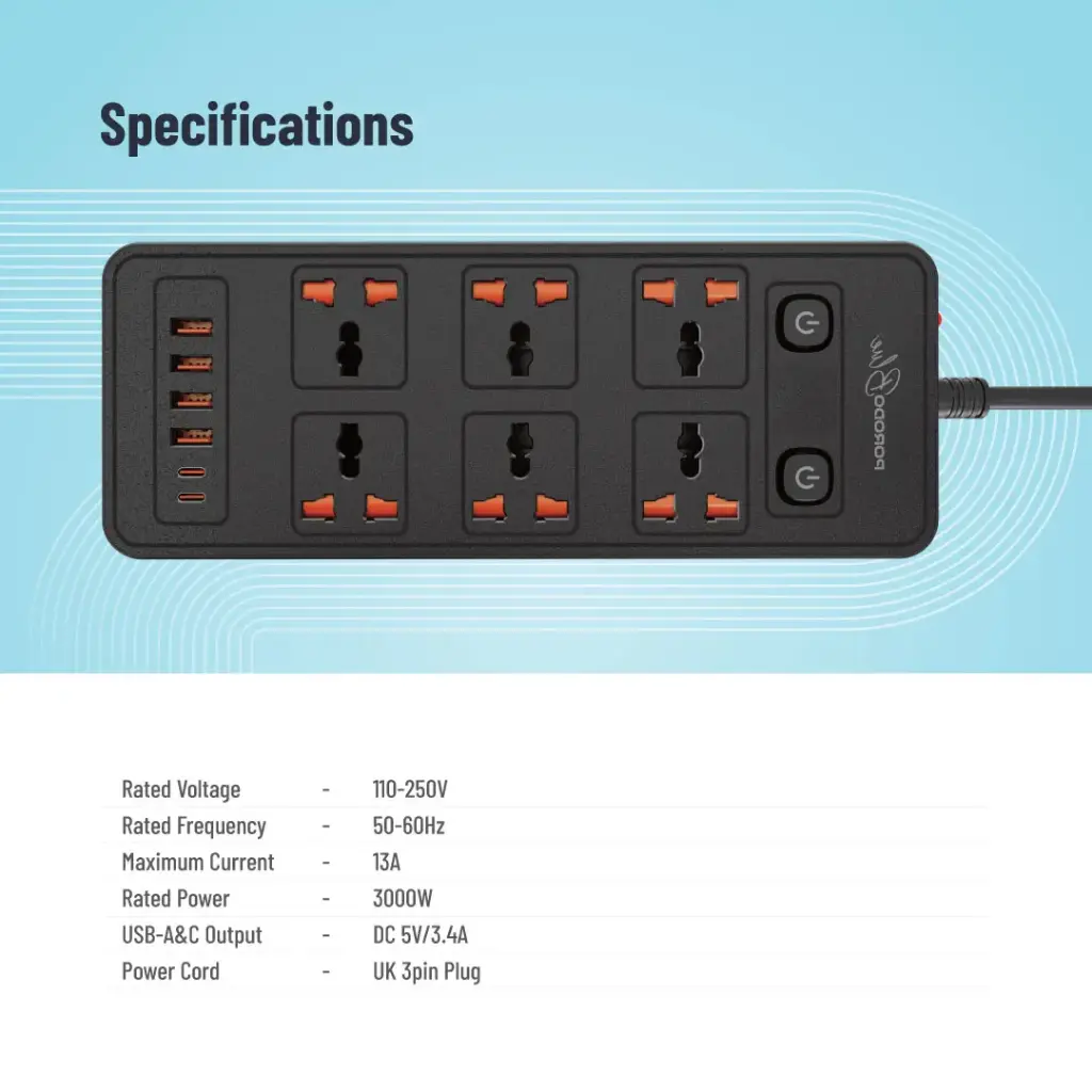 Porodo Blue 6 AC - Dual Switch Power Strip - Black 2 Porodo Blue 6 AC - Dual Switch Power Strip - Black - Image 2