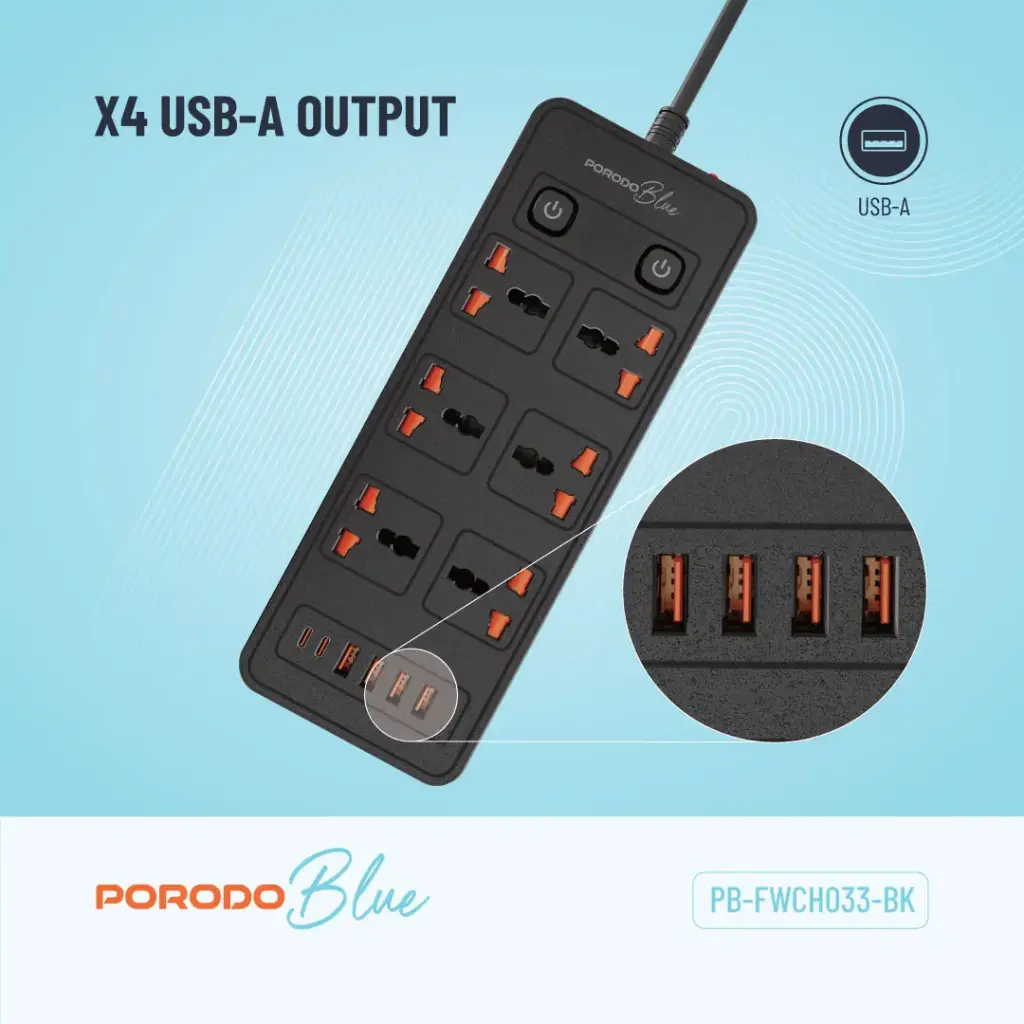 Porodo Blue 6 AC - Dual Switch Power Strip - Black 6 Porodo Blue 6 AC - Dual Switch Power Strip - Black - Image 6