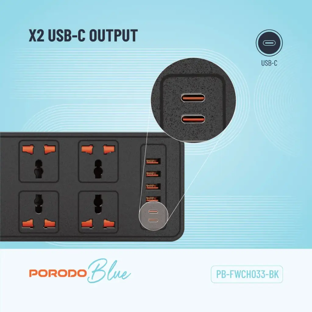Porodo Blue 6 AC - Dual Switch Power Strip - Black 4 Porodo Blue 6 AC - Dual Switch Power Strip - Black - Image 4