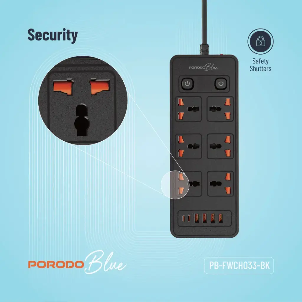 Porodo Blue 6 AC - Dual Switch Power Strip - Black 3 Porodo Blue 6 AC - Dual Switch Power Strip - Black - Image 3