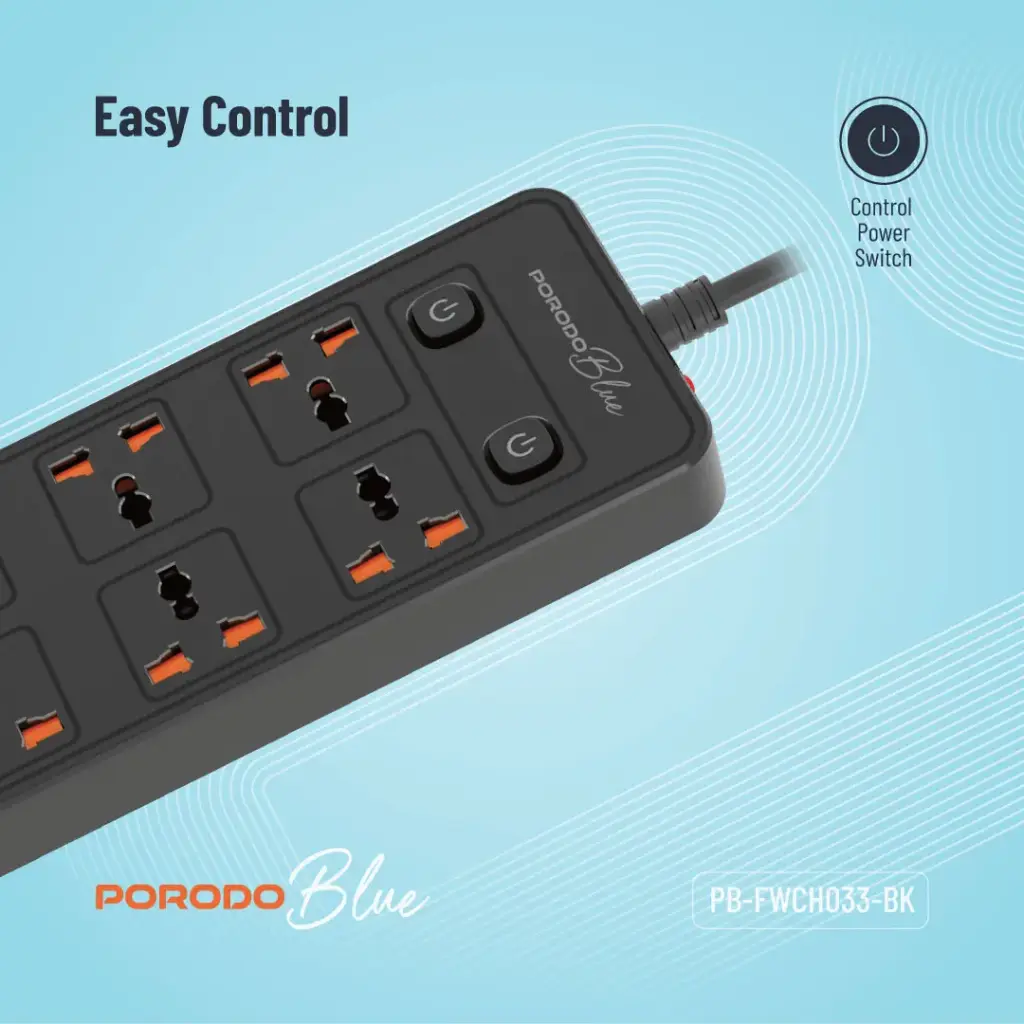 Porodo Blue 6 AC - Dual Switch Power Strip - Black 5 Porodo Blue 6 AC - Dual Switch Power Strip - Black - Image 5