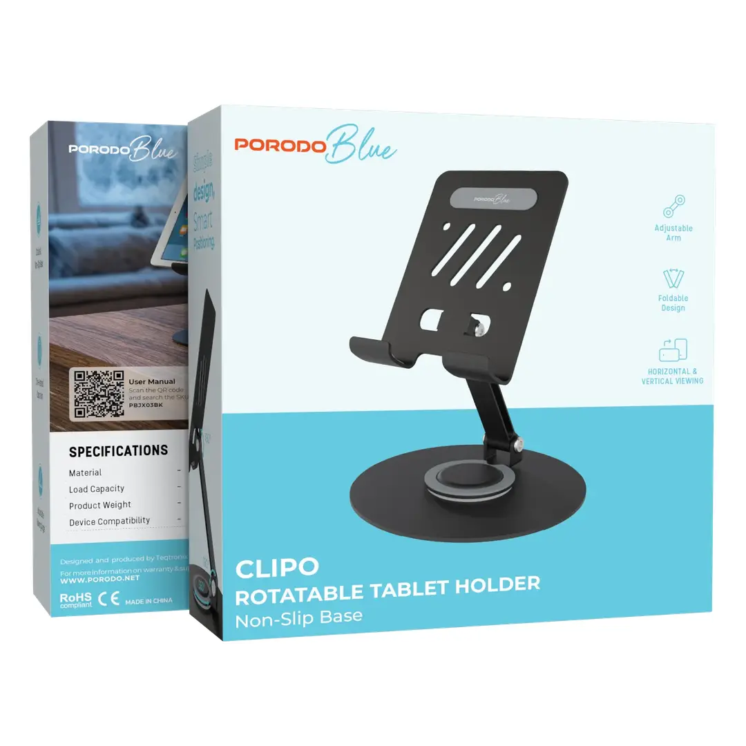 Porodo Blue Clipo Rotatable Tablet Holder with Non-Slip Base - Black 3 Porodo Blue Clipo Rotatable Tablet Holder with Non-Slip Base - Black - Image 3