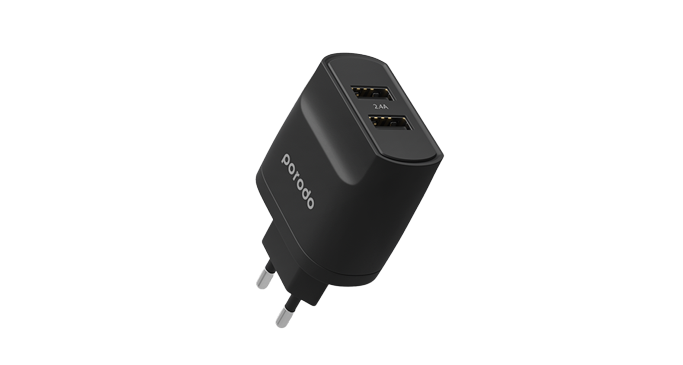 Porodo Blue Dual Port EU 2-Pin Wall Charger – Black 1 Porodo Blue Dual Port EU 2-Pin Wall Charger – Black