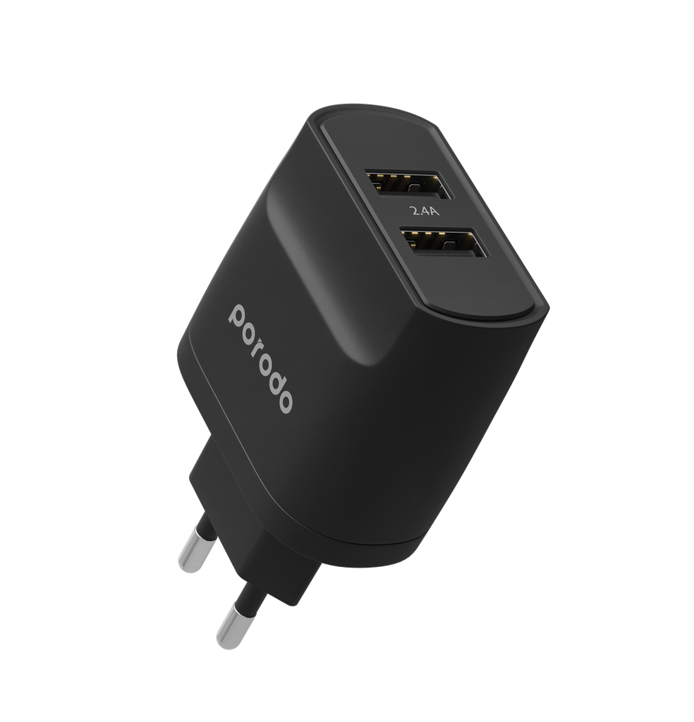 Porodo Blue Dual Port EU 2-Pin Wall Charger – Black 2 Porodo Blue Dual Port EU 2-Pin Wall Charger – Black - Image 2