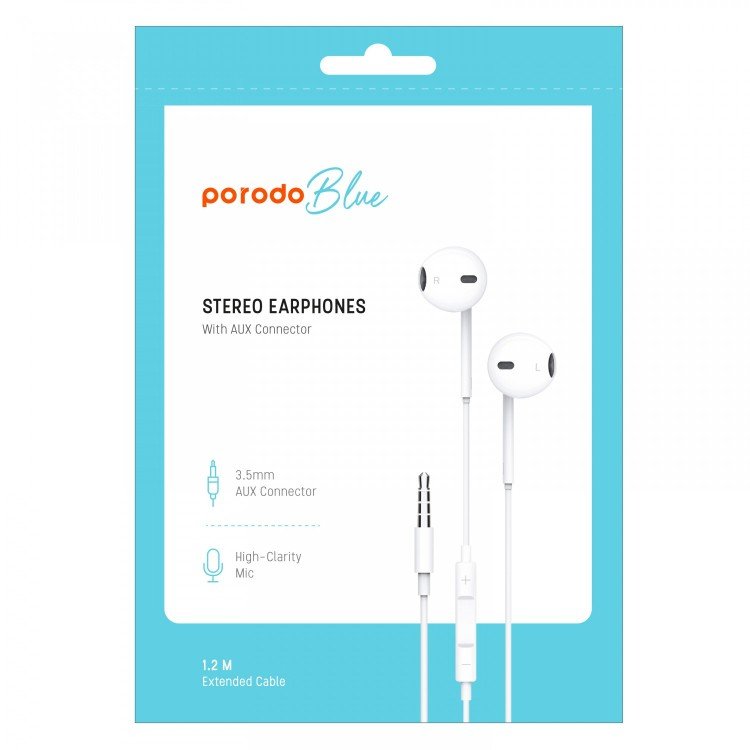 Porodo Blue Stereo Earphones with Aux Connector 3.5mm - White 2 Porodo Blue Stereo Earphones with Aux Connector 3.5mm - White - Image 2
