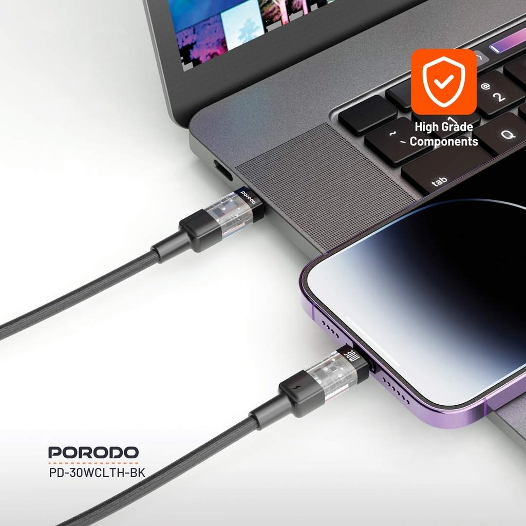 Porodo Braided 30W PD C to Lightning Fast Charging Cable with Transparent Head 1.2M 5 Porodo Braided 30W PD C to Lightning Fast Charging Cable with Transparent Head 1.2M - Image 5