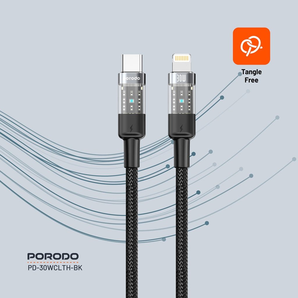Porodo Braided 30W PD C to Lightning Fast Charging Cable with Transparent Head 1.2M 4 Porodo Braided 30W PD C to Lightning Fast Charging Cable with Transparent Head 1.2M - Image 4