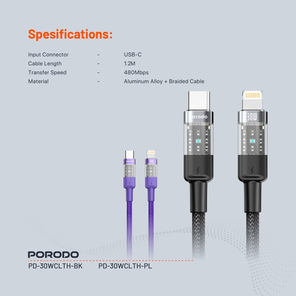 Porodo Braided 30W PD C to Lightning Fast Charging Cable with Transparent Head 1.2M 6 Porodo Braided 30W PD C to Lightning Fast Charging Cable with Transparent Head 1.2M - Image 6