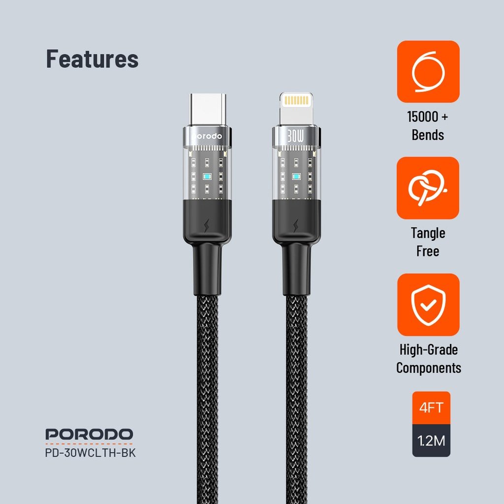 Porodo Braided 30W PD C to Lightning Fast Charging Cable with Transparent Head 1.2M 3 Porodo Braided 30W PD C to Lightning Fast Charging Cable with Transparent Head 1.2M - Image 3