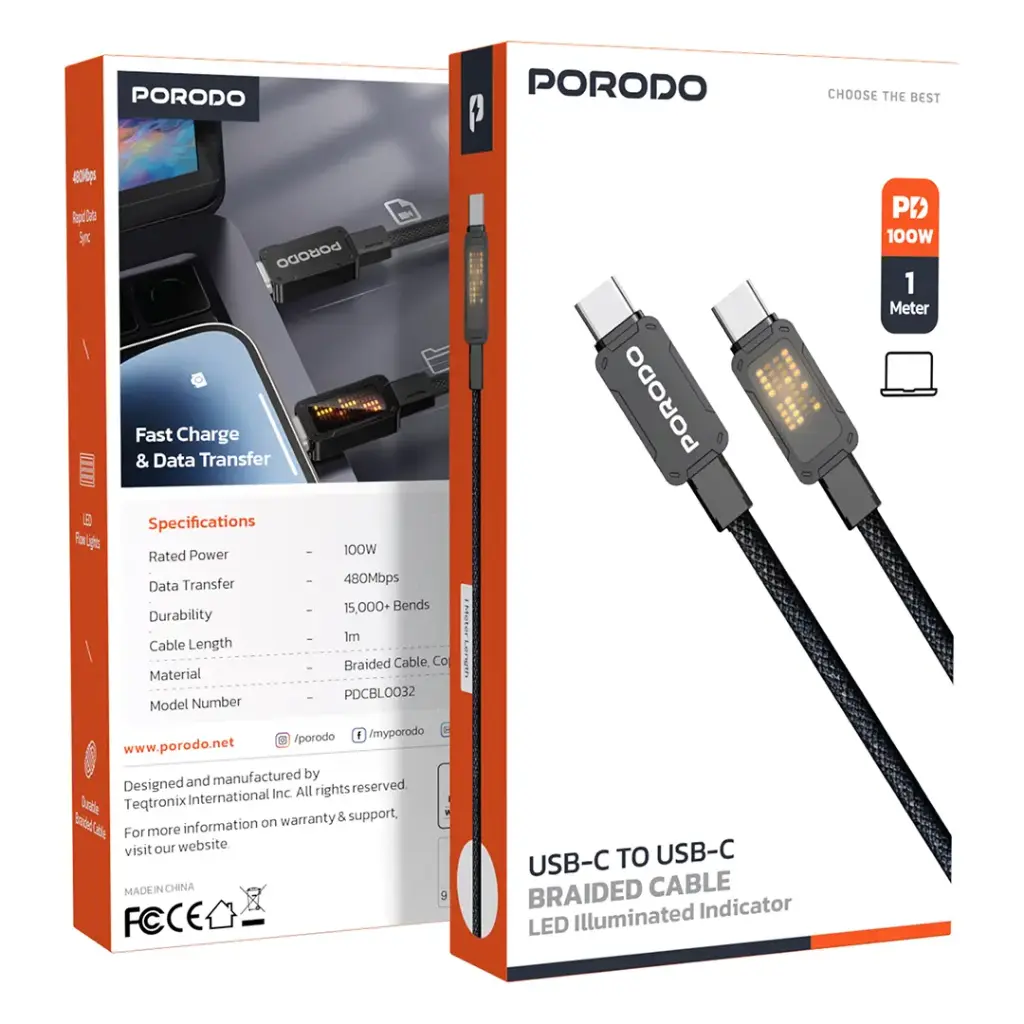 Porodo Braided Cable with LED Illuminated Indicator - Black 2 Porodo Braided Cable with LED Illuminated Indicator - Black - Image 2