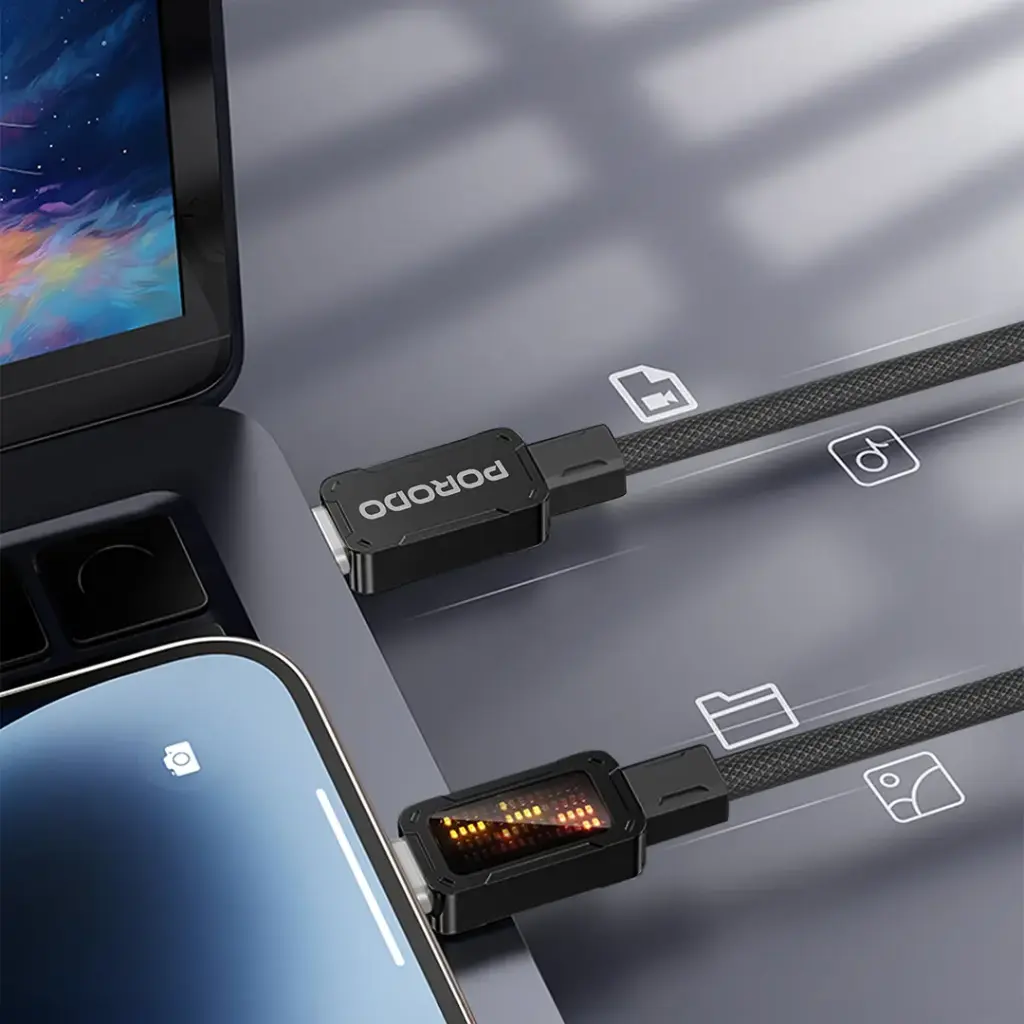 Porodo Braided Cable with LED Illuminated Indicator - Black 3 Porodo Braided Cable with LED Illuminated Indicator - Black - Image 3