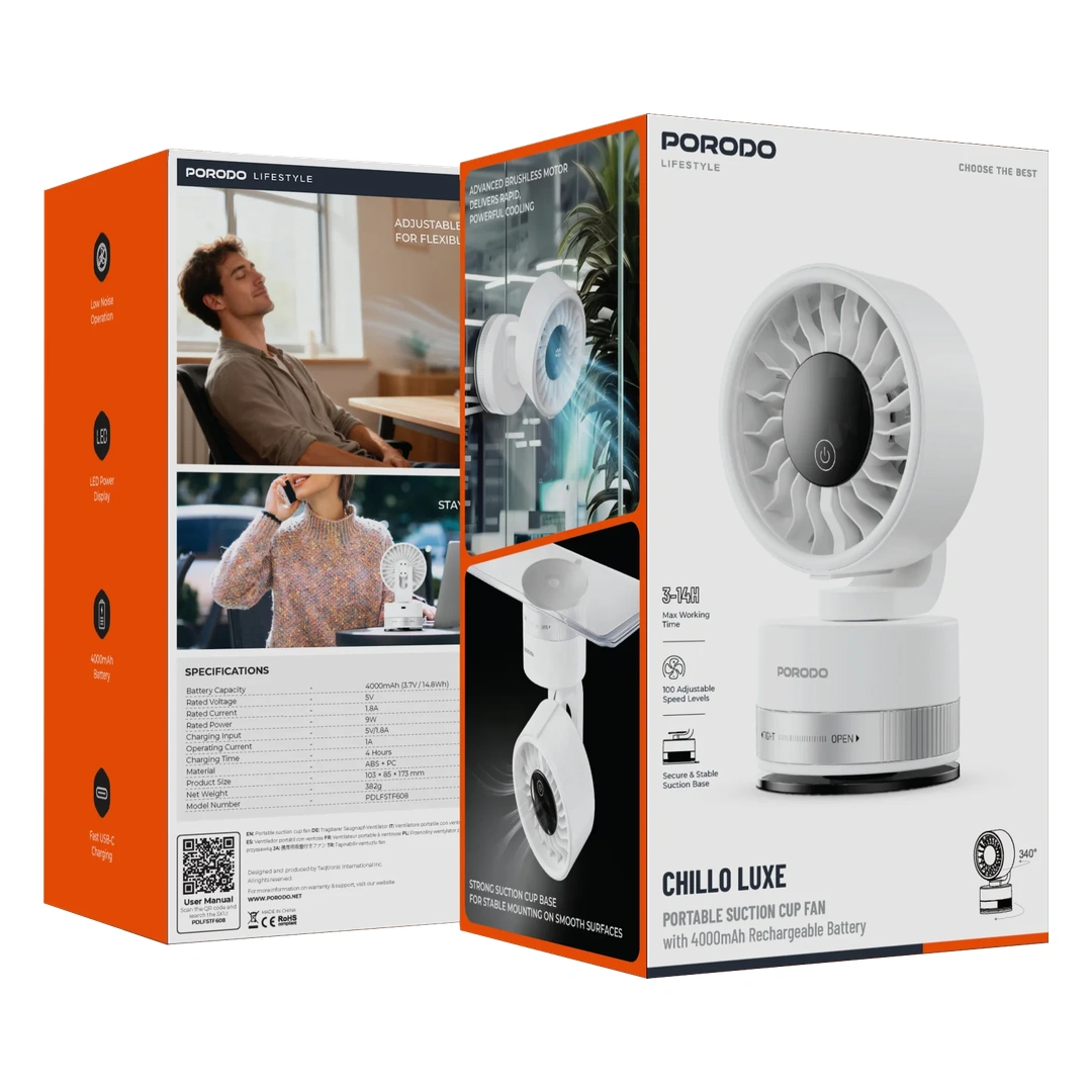Porodo Chillo Luxe Portable Suction Cup Fan with 4000mAh Rechargeable Battery - White 5 Porodo Chillo Luxe Portable Suction Cup Fan with 4000mAh Rechargeable Battery - White - Image 5