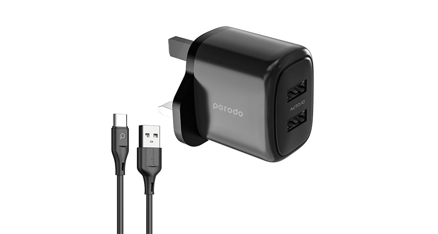 Porodo Dual Output Charger With USB - A USB - C Cable 1 Porodo Dual Output Charger With USB - A USB - C Cable