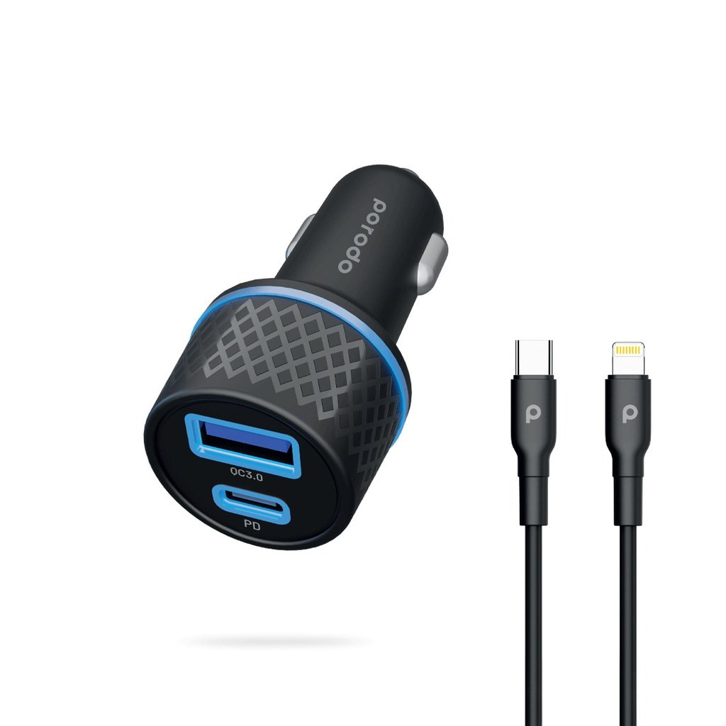Porodo Dual Port Car Charger QC3.0 22.5W + PD 22W with Type-C to Lightning Cable 2 Porodo Dual Port Car Charger QC3.0 22.5W + PD 22W with Type-C to Lightning Cable - Image 2