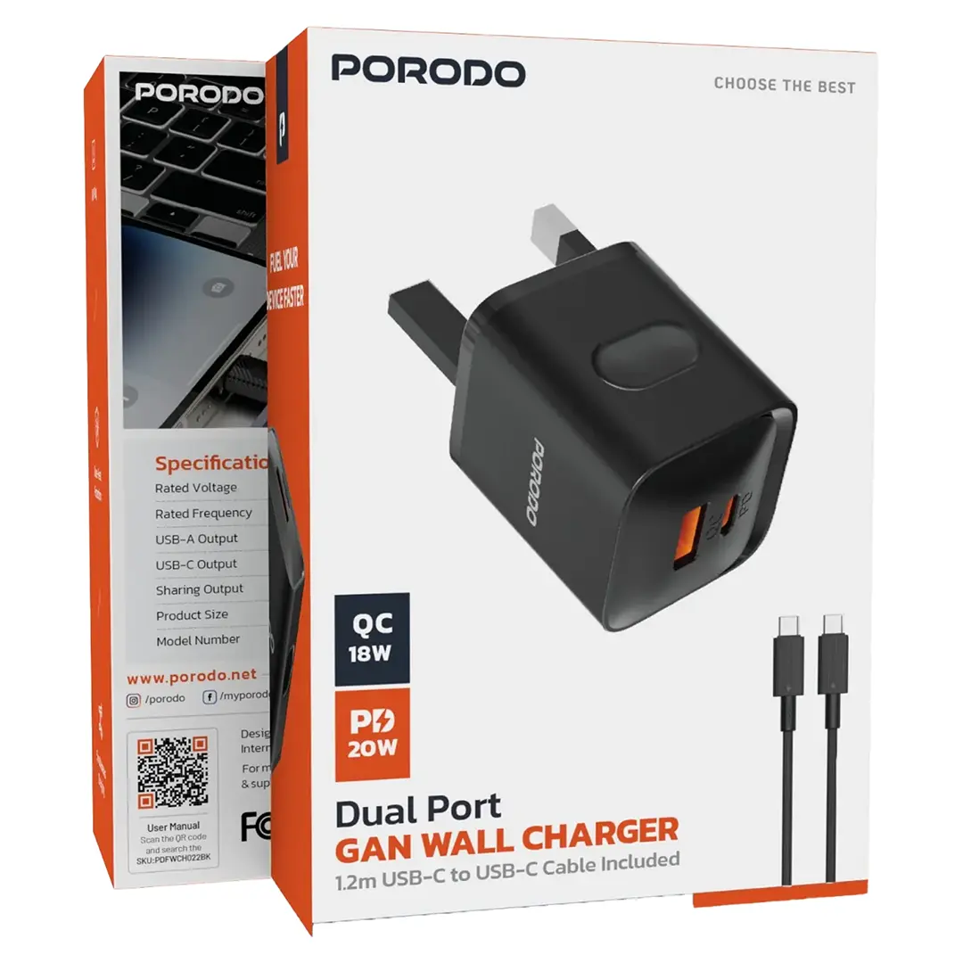 Porodo Dual Port GaN Wall Charger with USB-C to USB-C Cable - Black 3 Porodo Dual Port GaN Wall Charger with USB-C to USB-C Cable - Black - Image 3
