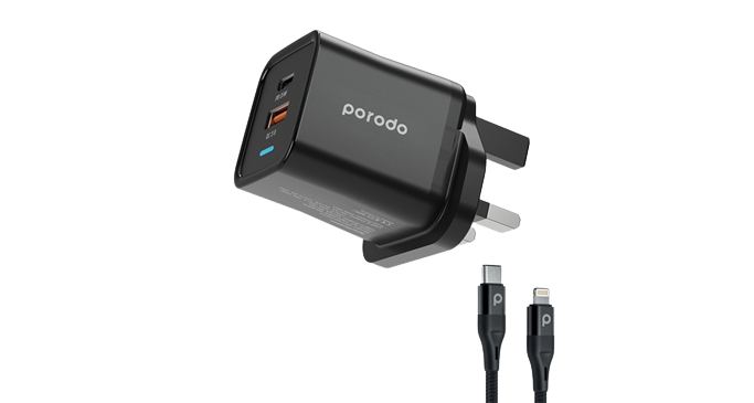 Porodo Dual Port PD + USB-A ( 35W+18W) Charger With Type-C To Lightning 1 Porodo Dual Port PD + USB-A ( 35W+18W) Charger With Type-C To Lightning
