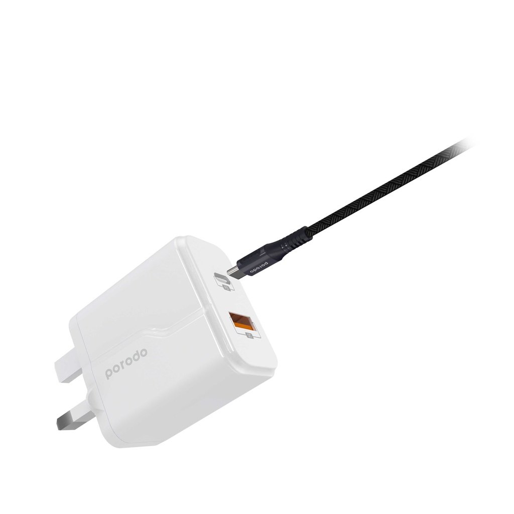 Porodo Dual Port Wall Charger PD 18W + QC3.0 UK with Braided Type-C to Lightning PD Cable 1.2m 2 Porodo Dual Port Wall Charger PD 18W + QC3.0 UK with Braided Type-C to Lightning PD Cable 1.2m - Image 2