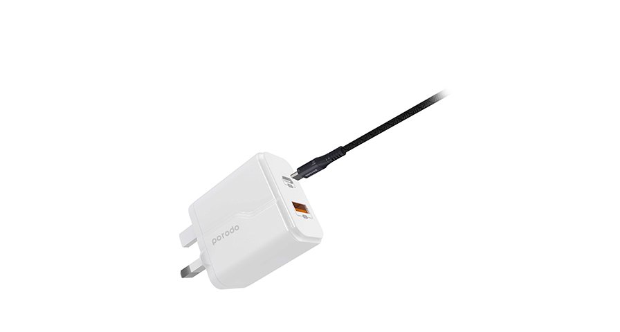 Porodo Dual Port Wall Charger PD 18W + QC3.0 UK with Braided Type-C to Lightning PD Cable 1.2m 1 Porodo Dual Port Wall Charger PD 18W + QC3.0 UK with Braided Type-C to Lightning PD Cable 1.2m