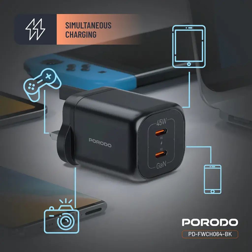 Porodo Dual USB-C Quick ChargerĀ - Black 6 Porodo Dual USB-C Quick ChargerĀ - Black - Image 6