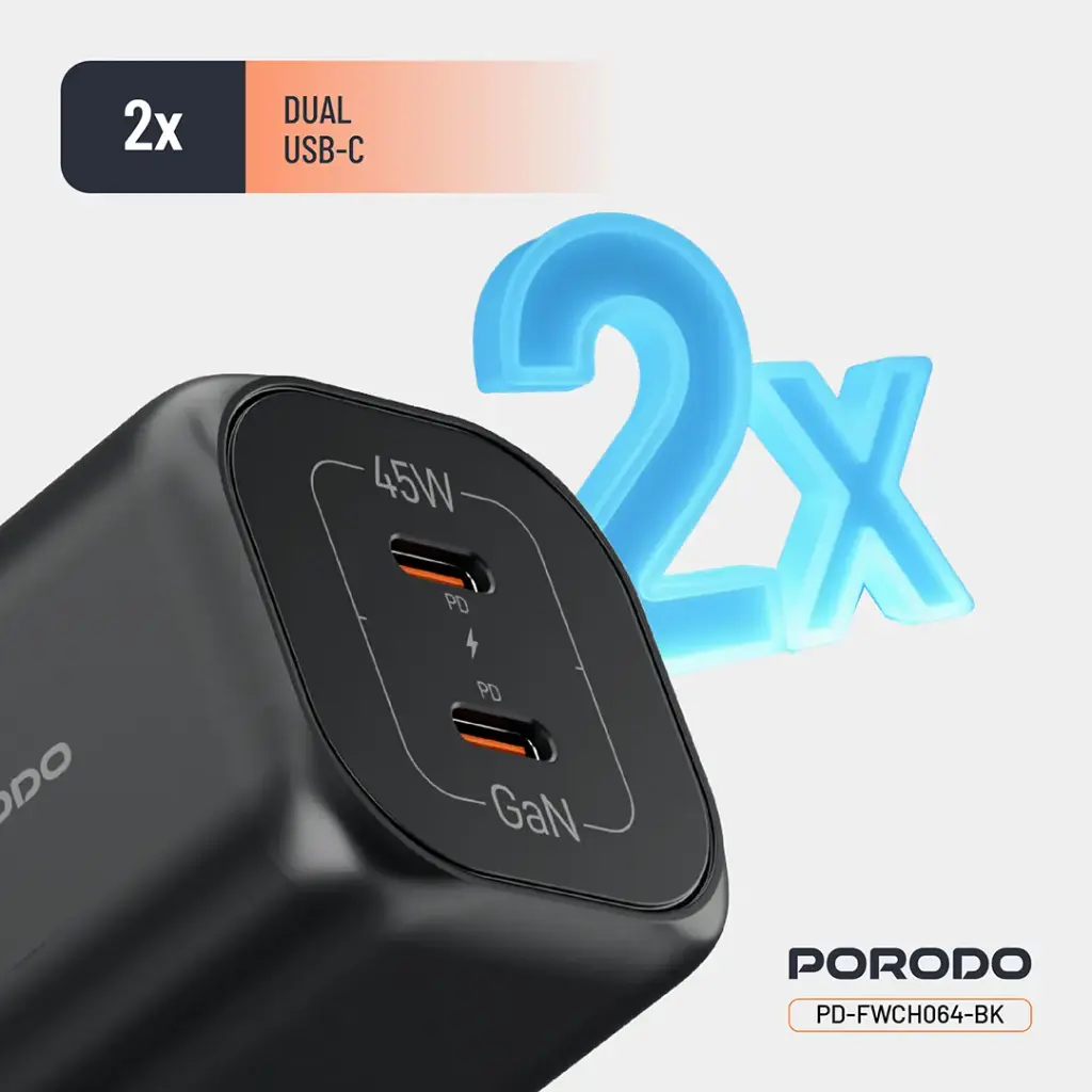 Porodo Dual USB-C Quick ChargerĀ - Black 5 Porodo Dual USB-C Quick ChargerĀ - Black - Image 5