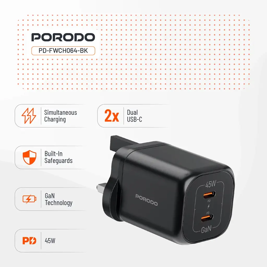 Porodo Dual USB-C Quick ChargerĀ - Black 4 Porodo Dual USB-C Quick ChargerĀ - Black - Image 4