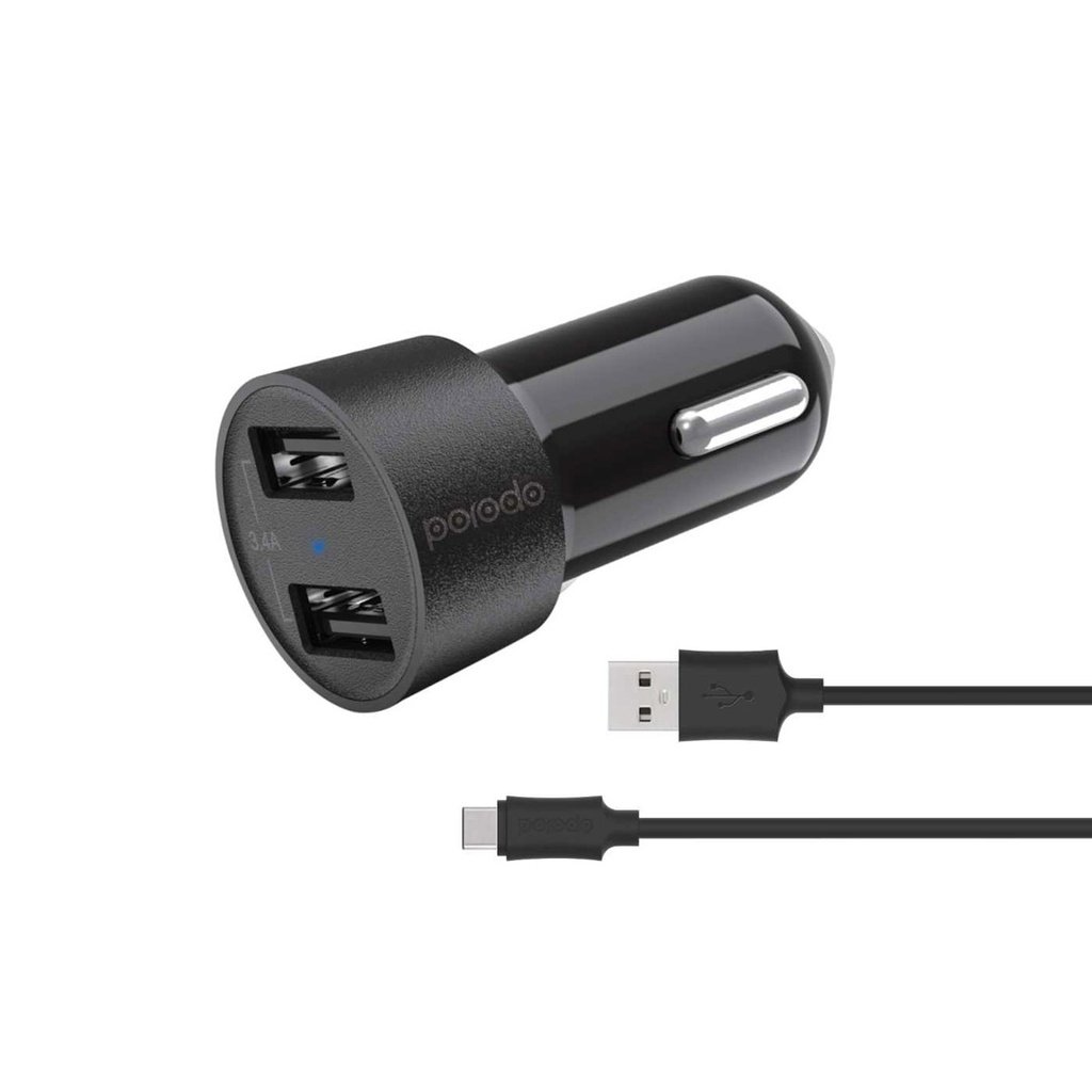 Porodo Dual USB Car Charger 3.4A with Type-C Cable 4ft. 2 Porodo Dual USB Car Charger 3.4A with Type-C Cable 4ft. - Image 2