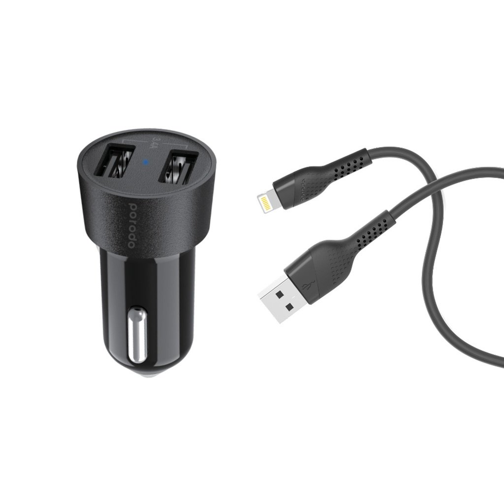 Porodo Dual USB Car Charger 3.4A with Lightning Cable 4ft. 2 Porodo Dual USB Car Charger 3.4A with Lightning Cable 4ft. - Image 2