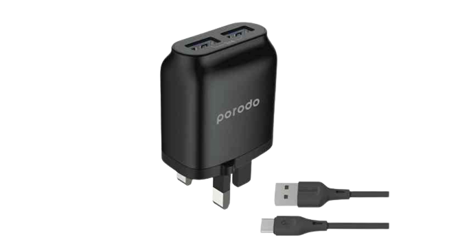 Porodo Dual USB Wall Charger 2.4A PVC Type-C Cable 1.2m UK 3pin Plug, Fast Charge 1 Porodo Dual USB Wall Charger 2.4A PVC Type-C Cable 1.2m UK 3pin Plug, Fast Charge