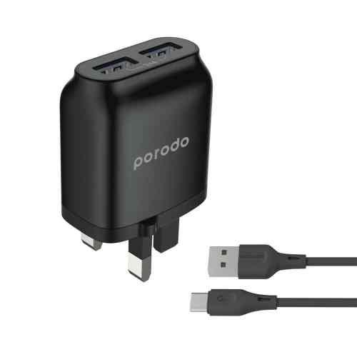 Porodo Dual USB Wall Charger 2.4A PVC Type-C Cable 1.2m UK 3pin Plug, Fast Charge 2 Porodo Dual USB Wall Charger 2.4A PVC Type-C Cable 1.2m UK 3pin Plug, Fast Charge - Image 2