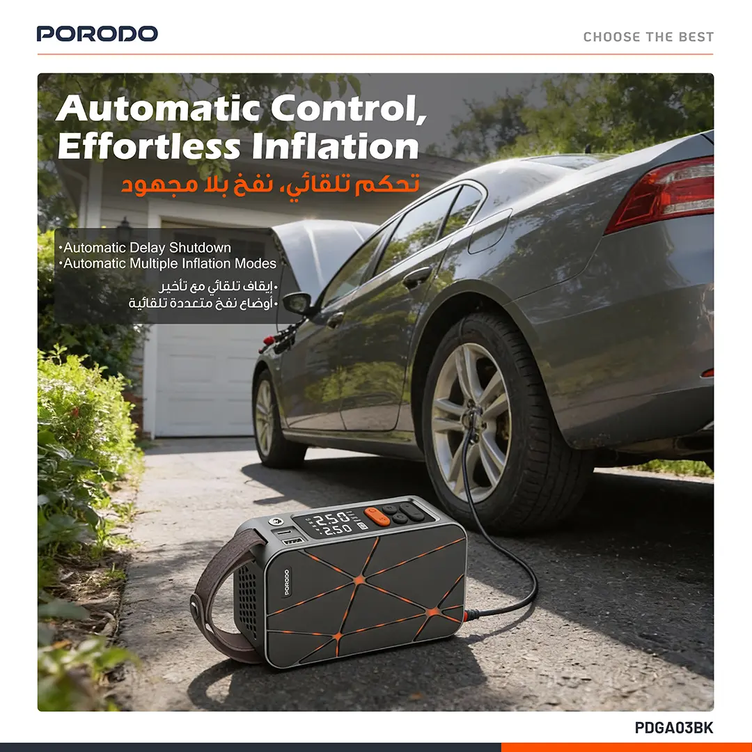 Porodo Flator 4000mAh Car Tire Inflator with Pressure Display - Black 4 Porodo Flator 4000mAh Car Tire Inflator with Pressure Display - Black - Image 4