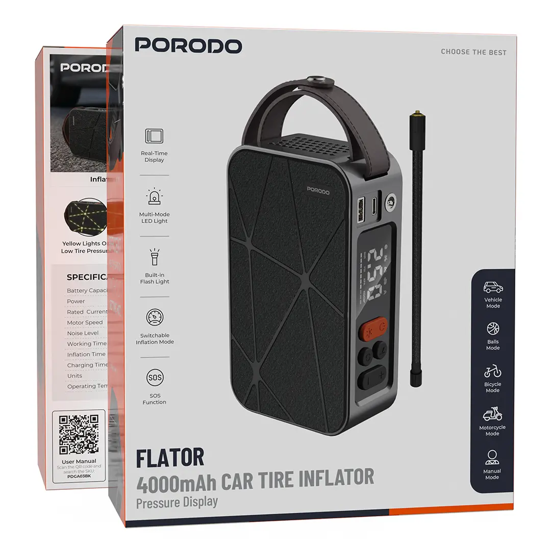 Porodo Flator 4000mAh Car Tire Inflator with Pressure Display - Black 3 Porodo Flator 4000mAh Car Tire Inflator with Pressure Display - Black - Image 3