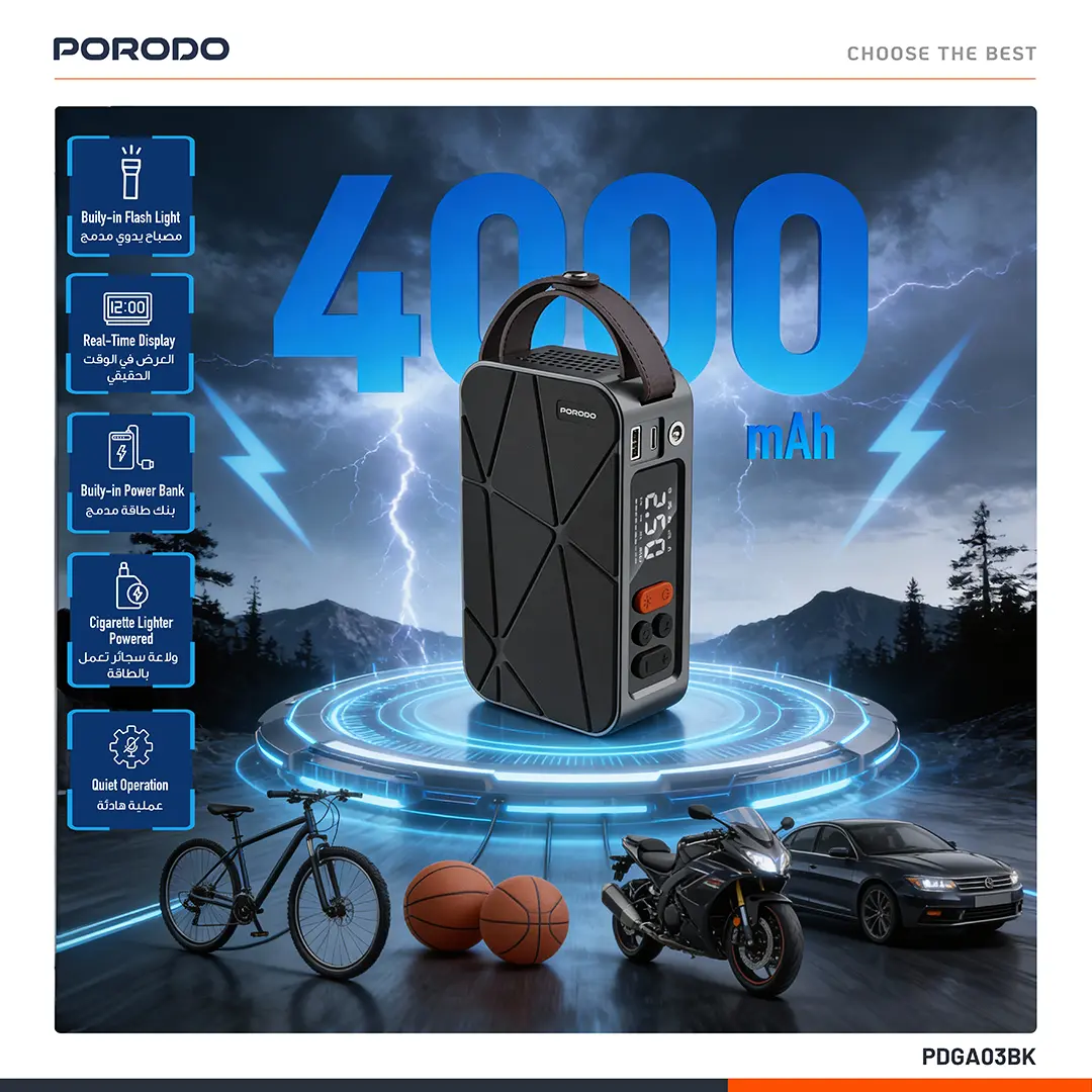 Porodo Flator 4000mAh Car Tire Inflator with Pressure Display - Black 7 Porodo Flator 4000mAh Car Tire Inflator with Pressure Display - Black - Image 7