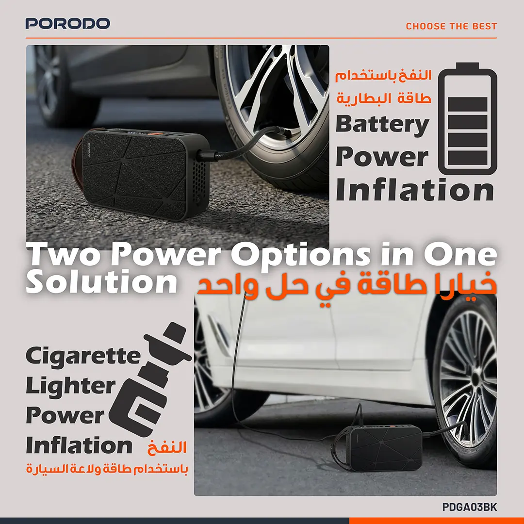Porodo Flator 4000mAh Car Tire Inflator with Pressure Display - Black 6 Porodo Flator 4000mAh Car Tire Inflator with Pressure Display - Black - Image 6