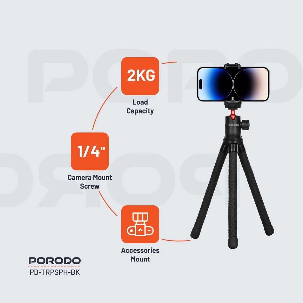 Porodo Flexible Tripod Stand - Black 4 Porodo Flexible Tripod Stand - Black - Image 4