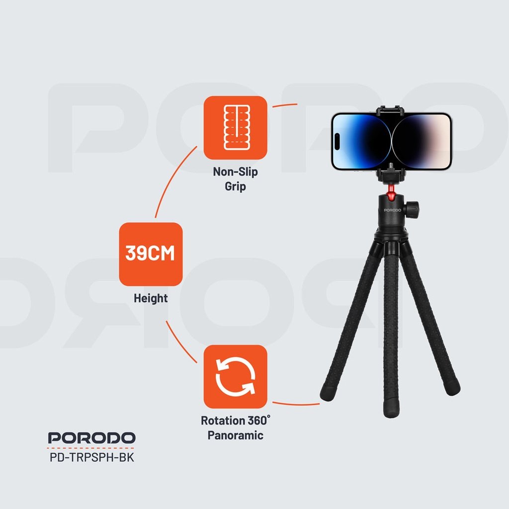 Porodo Flexible Tripod Stand - Black 3 Porodo Flexible Tripod Stand - Black - Image 3