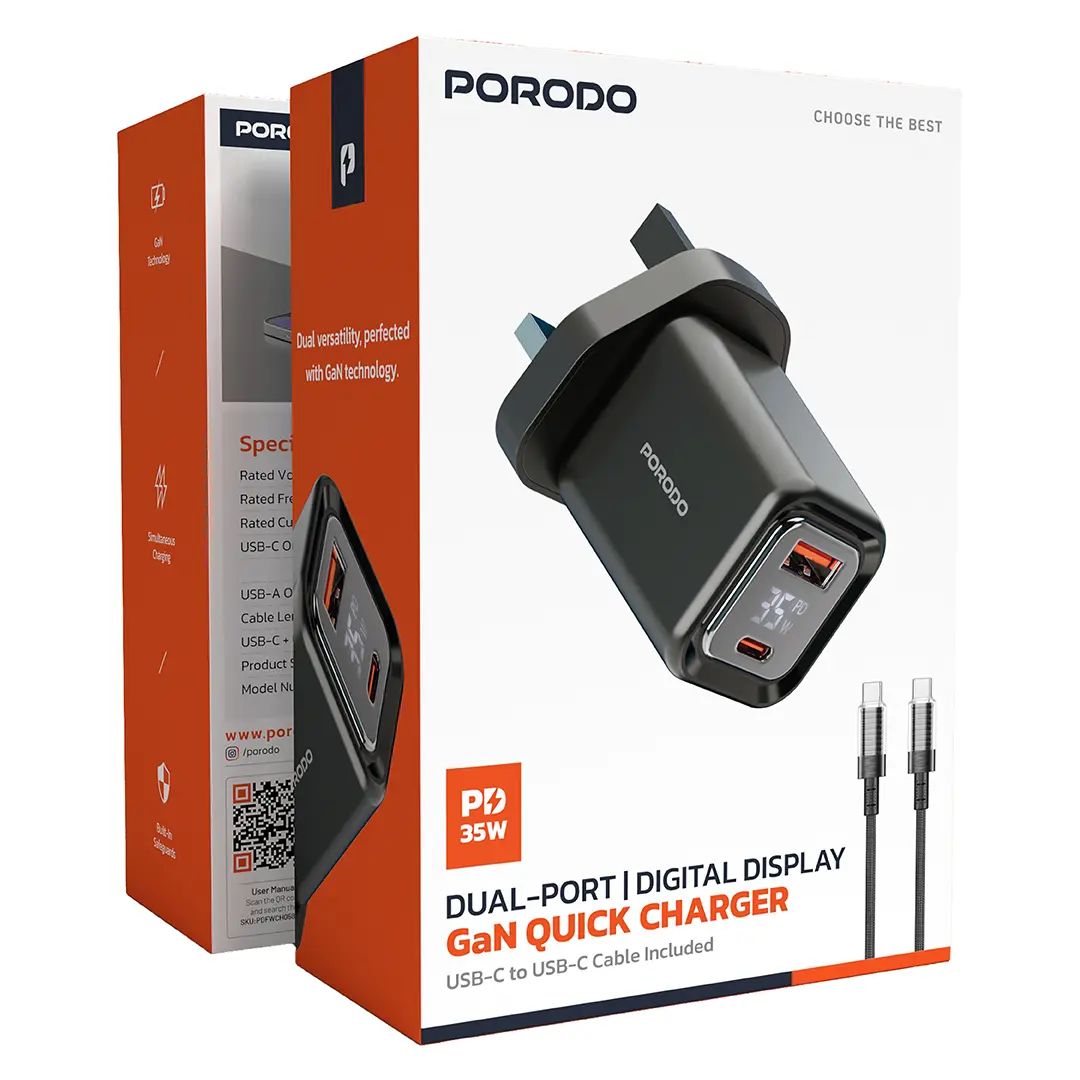 Porodo GaN Quick Charger with Dual-Port & Digital Display - Black 3 Porodo GaN Quick Charger with Dual-Port & Digital Display - Black - Image 3