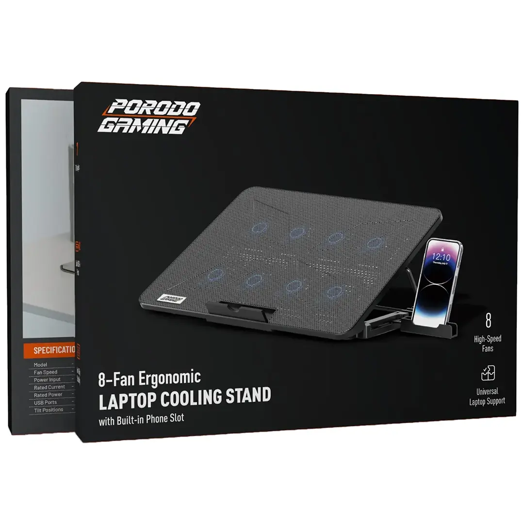 Porodo Gaming 8-Fan Ergonomic Laptop Cooling Stand with Built-In Phone Slot 2 Porodo Gaming 8-Fan Ergonomic Laptop Cooling Stand with Built-In Phone Slot - Image 2