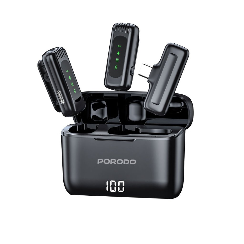 Porodo Lavalier Double Microphone with Charging Case - Black 2 Porodo Lavalier Double Microphone with Charging Case - Black - Image 2