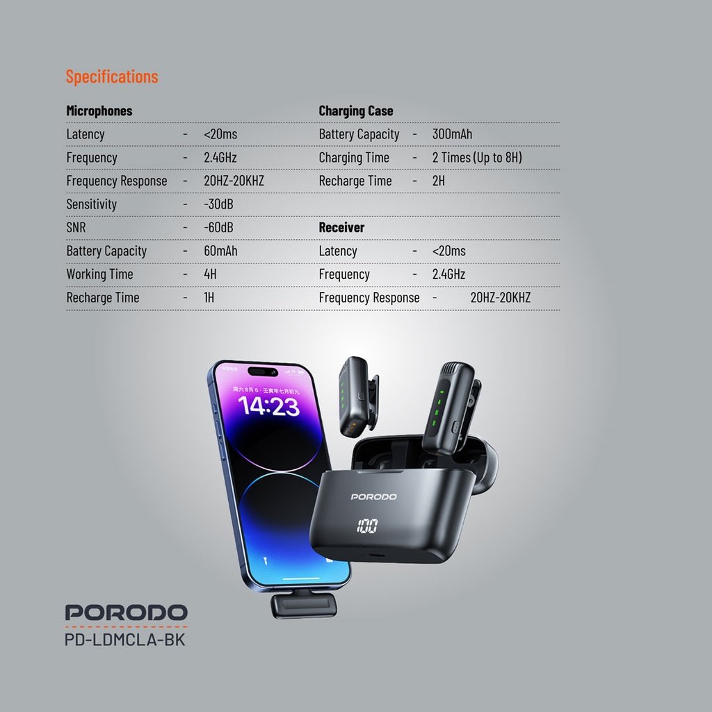 Porodo Lavalier Double Microphone with Charging Case - Black 3 Porodo Lavalier Double Microphone with Charging Case - Black - Image 3