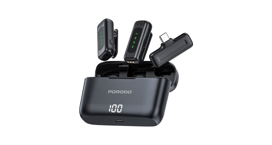 Porodo Lavalier Double Microphone with Charging Case - Black 1 Porodo Lavalier Double Microphone with Charging Case - Black