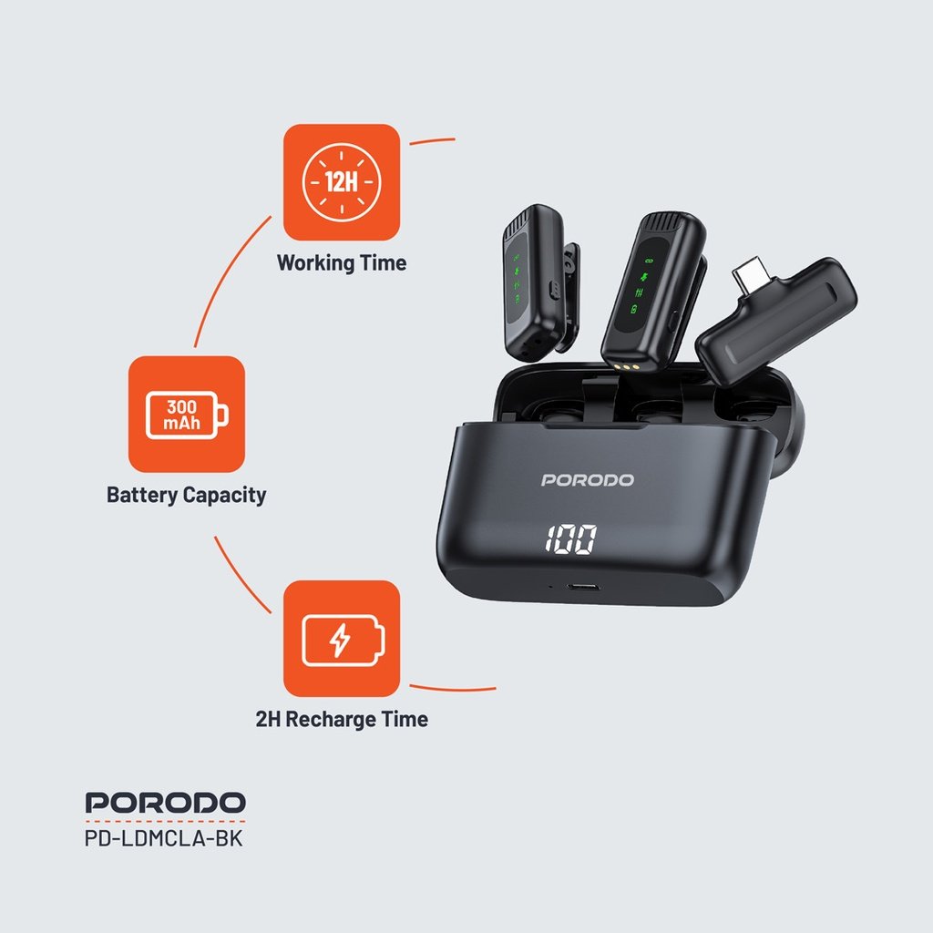 Porodo Lavalier Double Microphone with Charging Case - Black 4 Porodo Lavalier Double Microphone with Charging Case - Black - Image 4