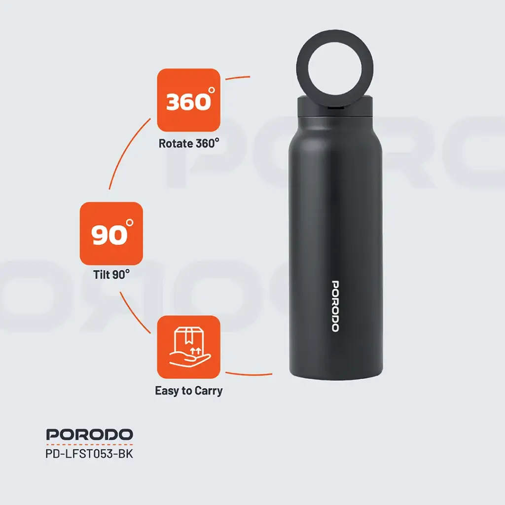 Porodo Lifestyle Magnetic Mount Water Bottle - Black 6 Porodo Lifestyle Magnetic Mount Water Bottle - Black - Image 6